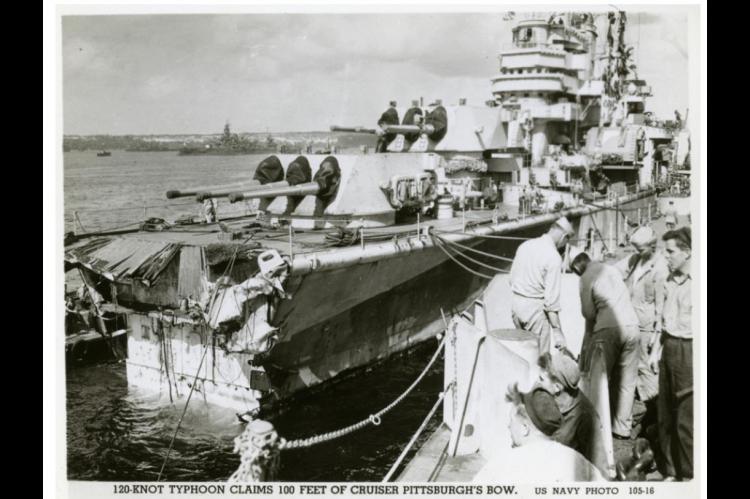 On 5 June 1945, after the Pittsburgh’s bow snapped off “like the head of a match” under the relentless pounding of a typhoon, rolling 100-foot waves tower over what’s left of the forward part of the cruiser. The loss of the bow touched off an epic Memories of Typhoon Shared by Son of Atwood Sailor