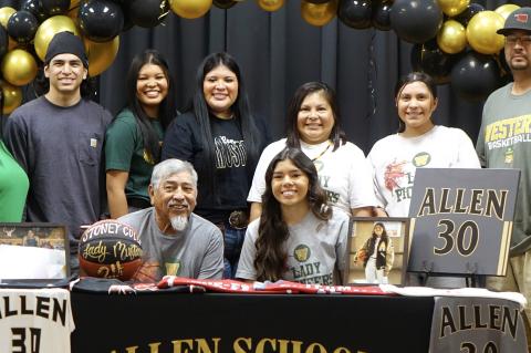 Stoney Cully signed her letter of intent to play basketball at Western Oklahoma State College. She is surrounded by her biggest fans, her family: Michelle Davis, Quinton Walker, Sunzie Harrison, Kaylee Davis, Melissa Walker, Taylor Walker and Jeremiah Cul
