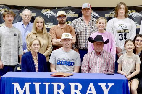 Bodrey Goodson signed his Letter to join the Murray State College Rodeo Team yesterday, Wednesday, March 12, 2025. Present to watch Bodrey’s signing were his family: (seated) Sheila Matthews, Bodrey, Parents Jack and Sheryl Goodson and Eden Goodson; (ba