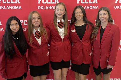 The Allen Family Career and Community Leaders of America chapter officers had the opportunity to travel to McAlester, Oklahoma to the FCCLA LEAD conference. While at this conference, they got to learn more about their duties and responsibilities as officers and how to work together as a team. Pictured left to right: Giuliana Gonzalez, Kolbi Clark, Sophia Shires, Grasyn Whitehead and Jaiden Lindsey.