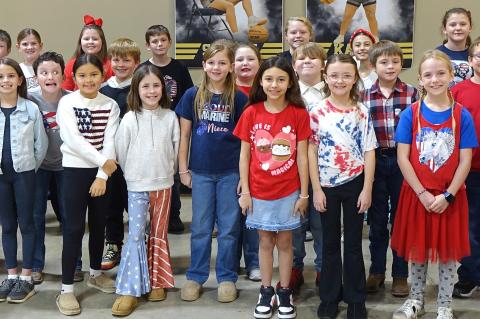 The Allen Elementary 3rd and 4th grade students performed the National Anthem before Tuesday evening’s home basketball game. Pictured are (front, left to right) Elleigh Turpin, Kaybree Ables, Anniston King, Baylee Stephens, Aubrey Coil, Eliana Lawrence,