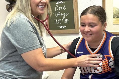 Heather Prentice makes sure Ricklyn Jasna is ready to play ball. It is reported that Ricklyn got an all clear to start practice. If you are an Allen athlete and missed the first two days of physical come to the clinic Monday, July 29th from 10-12 or 2-4 on a walk-in bases. The Allen Health Clinic is located at 200 W Broadway, Allen, OK. Physical Forms will be available at the clinic and must by signed by the parent or guardian.